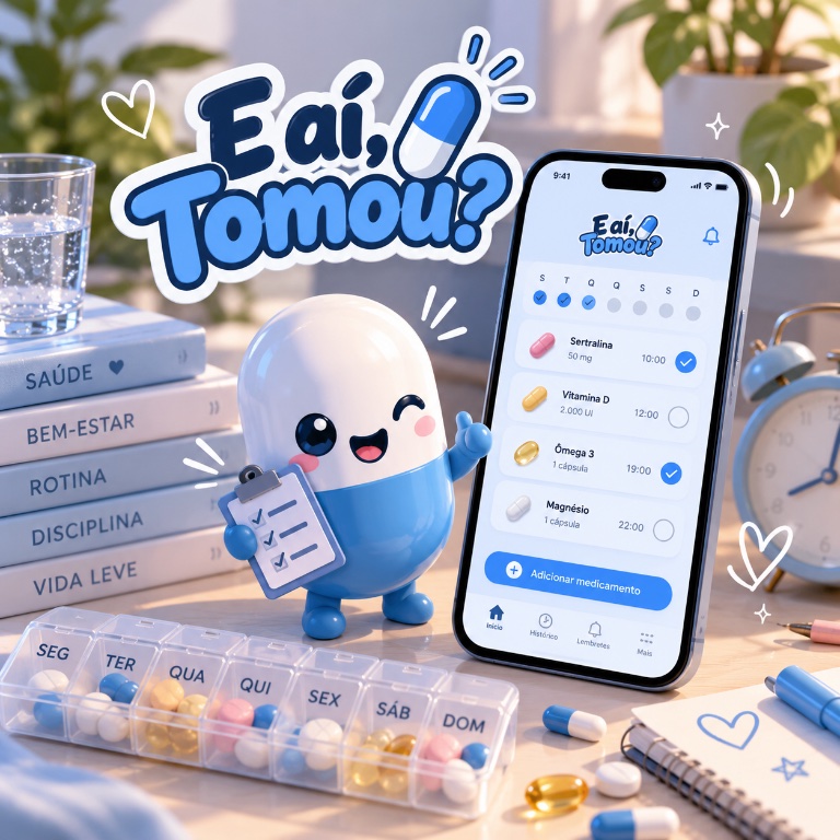 Ilustração do app E aí, tomou?, com um personagem simpático e uma tela de lembretes de medicamentos
