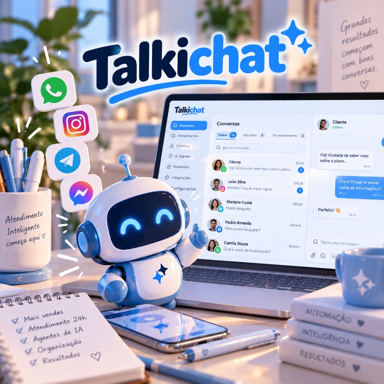 Ilustração do TalkiChat com um robô e uma tela de conversas e atendimentos