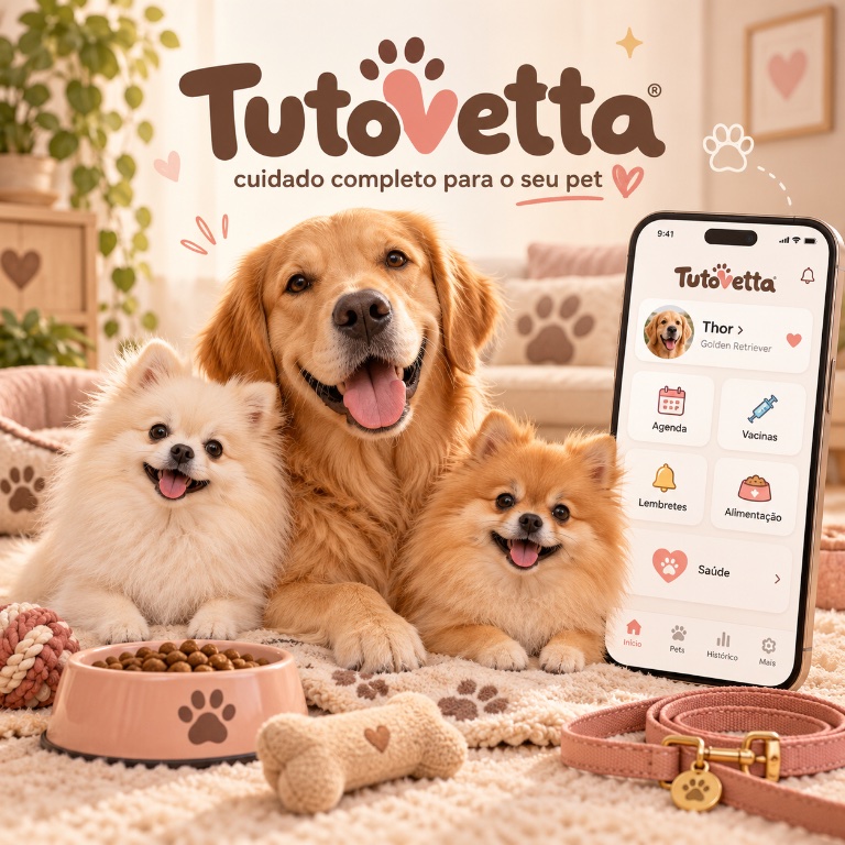 Capa do Tuto Vetta, com cães, gatos e um celular mostrando funções de cuidado para pets